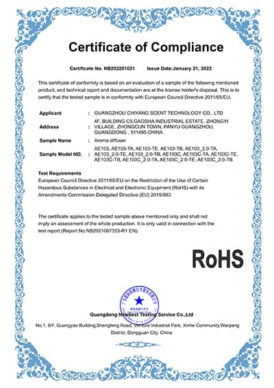 SCENTA RoHS certificate reference